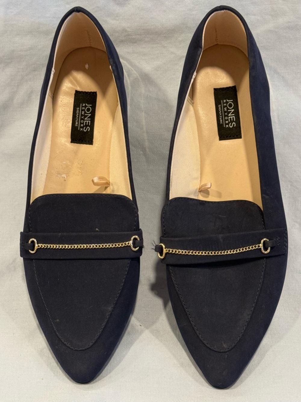 Jones New York Navy Suede Pointed Loafers with Gold Chain Trim